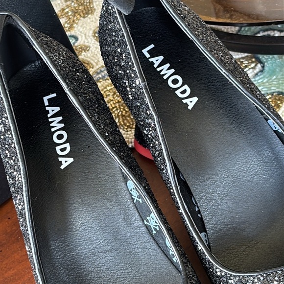 Brand New Lamoda My Love Glitter Heels Pointed Toe Heart Shaped Block Heels - Picture 3 of 16